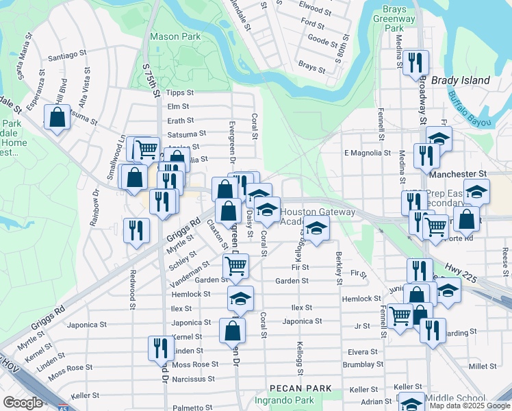 map of restaurants, bars, coffee shops, grocery stores, and more near 7224 Lawndale Street in Houston