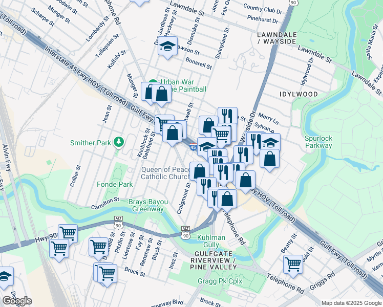 map of restaurants, bars, coffee shops, grocery stores, and more near 5725 Burwell Street in Houston