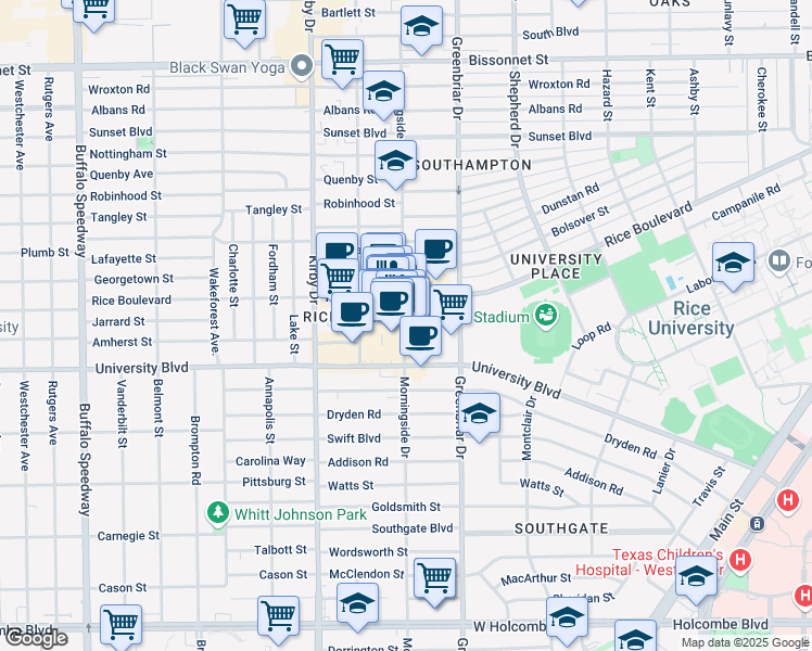 map of restaurants, bars, coffee shops, grocery stores, and more near 5505 Morningside Drive in Houston