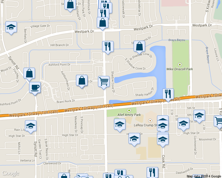 map of restaurants, bars, coffee shops, grocery stores, and more near 3822 Shadow Cove Drive in Houston