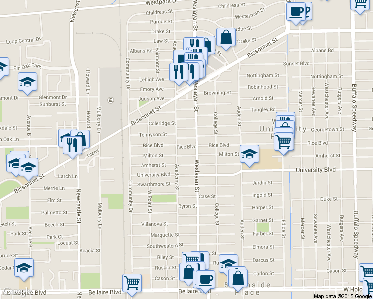 map of restaurants, bars, coffee shops, grocery stores, and more near 4015 Rice Boulevard in Houston