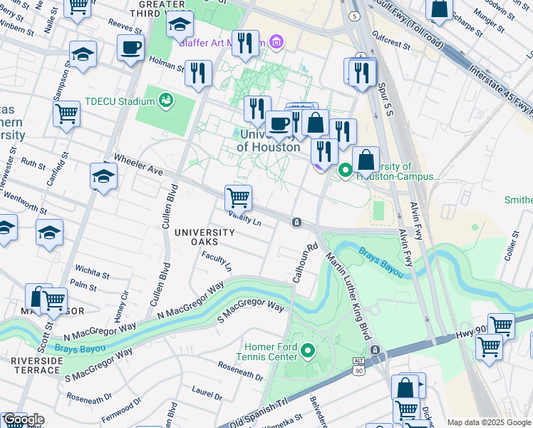 map of restaurants, bars, coffee shops, grocery stores, and more near 4390 Wheeler Avenue in Houston