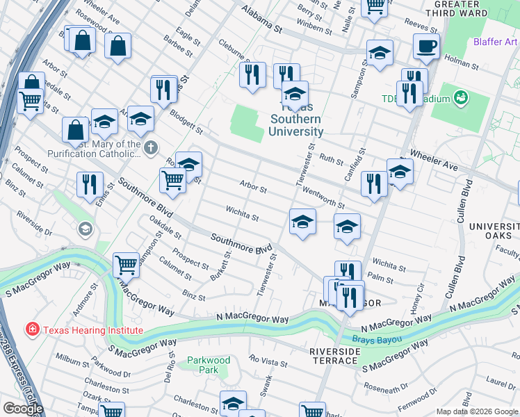 map of restaurants, bars, coffee shops, grocery stores, and more near 3426 Rosedale Street in Houston