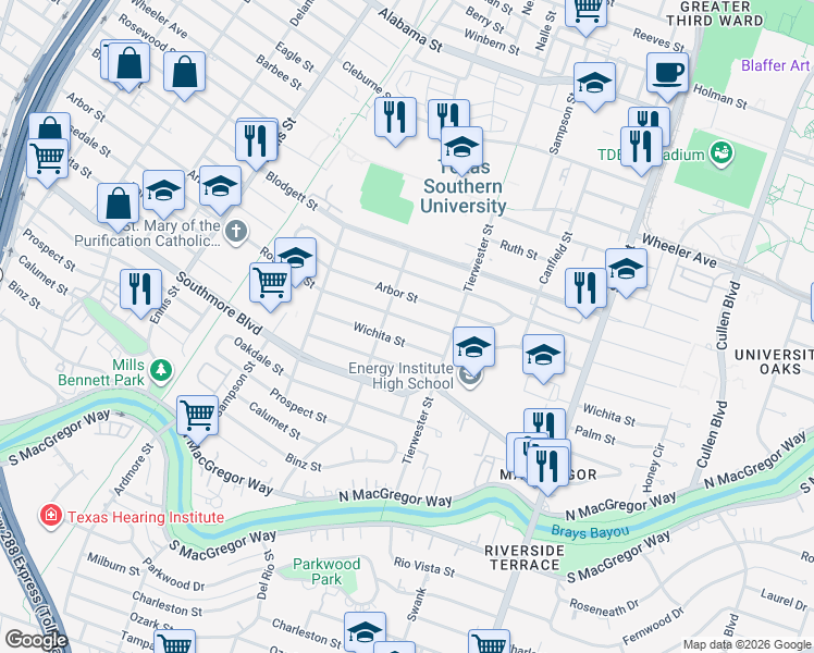 map of restaurants, bars, coffee shops, grocery stores, and more near 3426 Rosedale Street in Houston