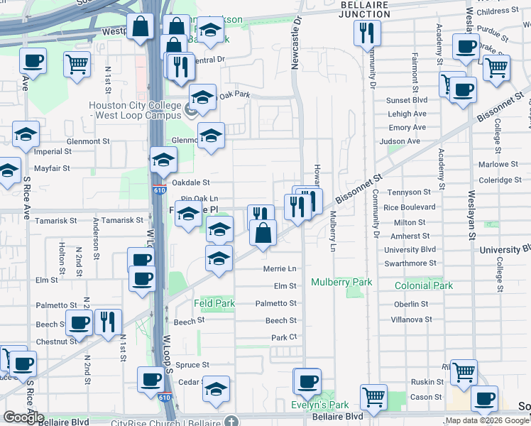 map of restaurants, bars, coffee shops, grocery stores, and more near 4521 Wedgewood Drive in Bellaire