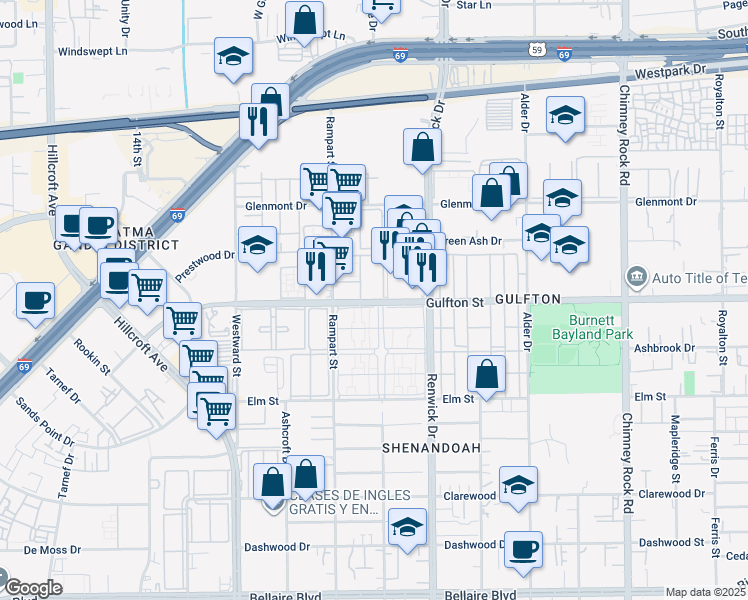 map of restaurants, bars, coffee shops, grocery stores, and more near 6000 Gulfton Street in Houston