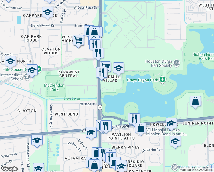 map of restaurants, bars, coffee shops, grocery stores, and more near 14531 Windmill Forest Drive in Houston