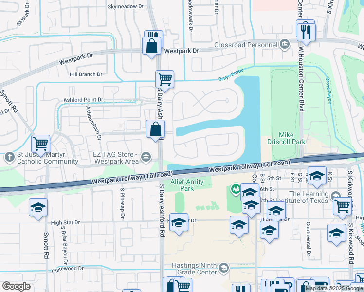 map of restaurants, bars, coffee shops, grocery stores, and more near 3802 Shadow Knoll Court in Houston