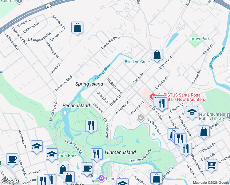 map of restaurants, bars, coffee shops, grocery stores, and more near 962 Chicago Avenue in New Braunfels