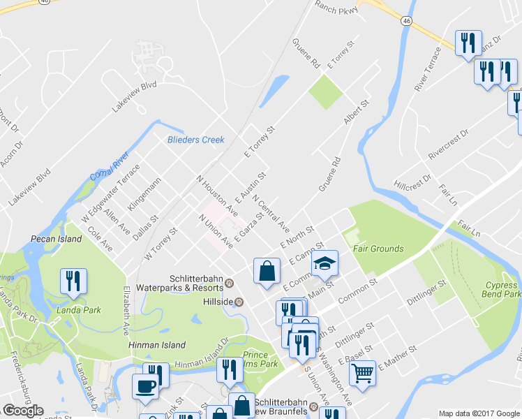 map of restaurants, bars, coffee shops, grocery stores, and more near 295 E Garza St in New Braunfels