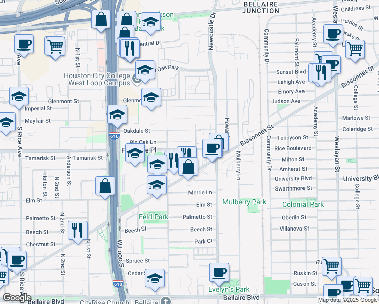 map of restaurants, bars, coffee shops, grocery stores, and more near 4521 Wedgewood Drive in Bellaire