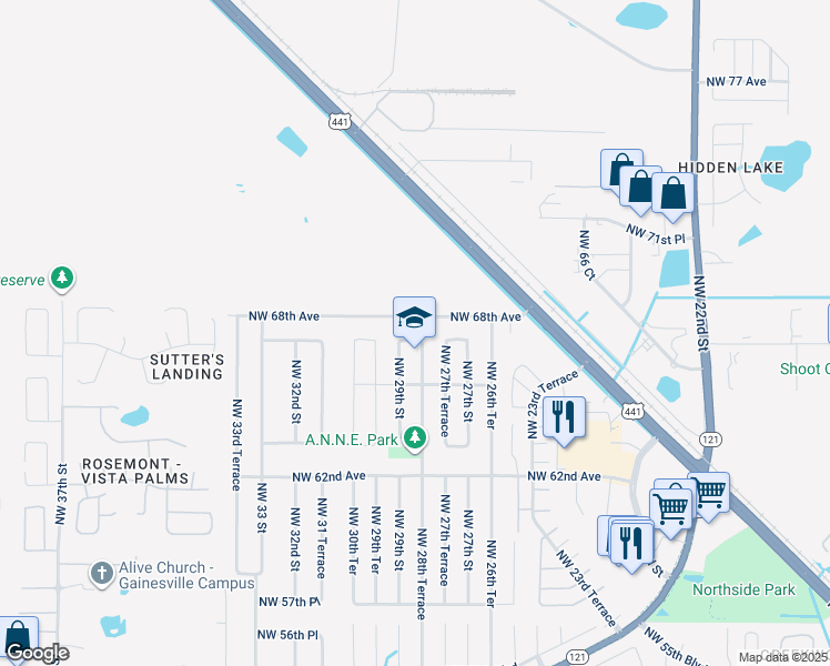map of restaurants, bars, coffee shops, grocery stores, and more near 2830 Northwest 67 Place in Gainesville
