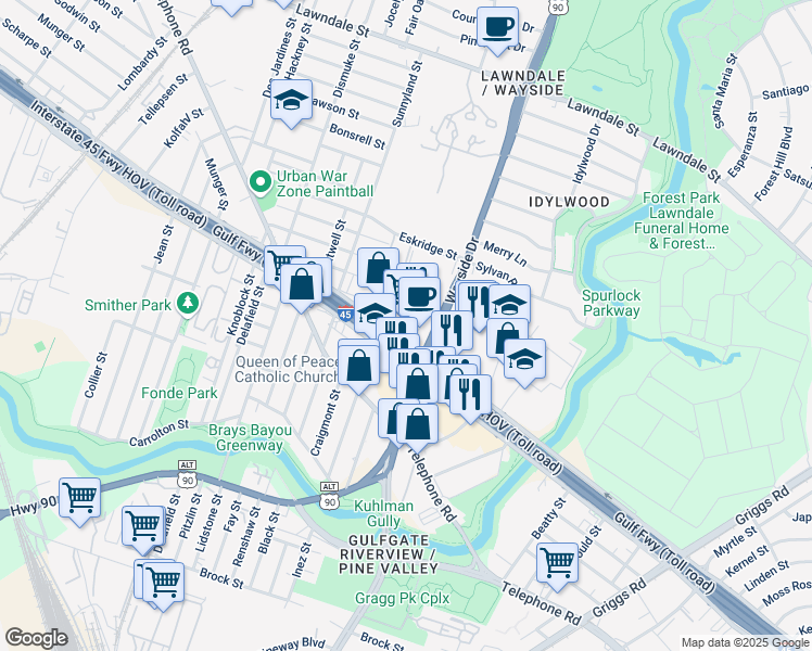 map of restaurants, bars, coffee shops, grocery stores, and more near 5819 Gulf Freeway in Houston