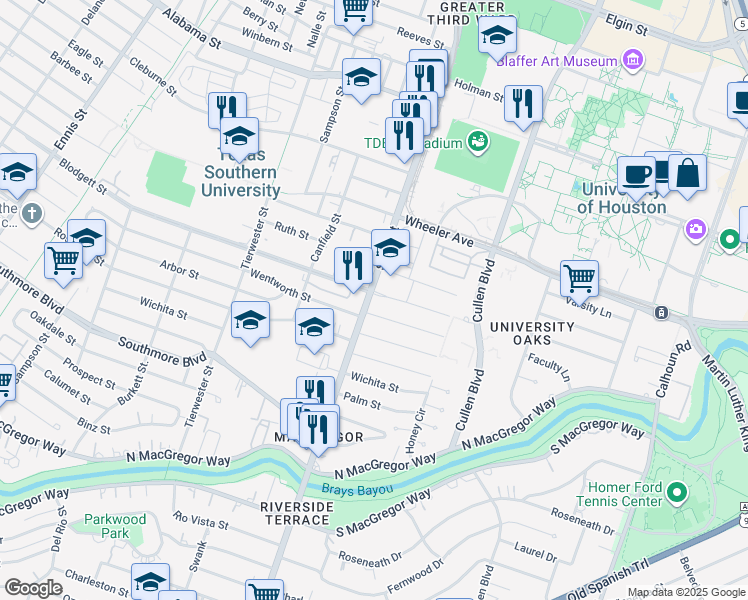 map of restaurants, bars, coffee shops, grocery stores, and more near 3802 Blodgett Street in Houston