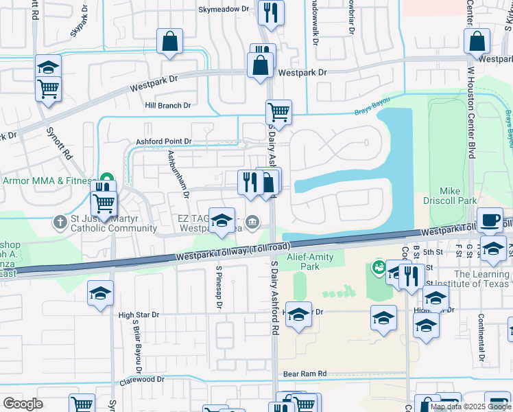 map of restaurants, bars, coffee shops, grocery stores, and more near 3840 South Dairy Ashford Road in Houston