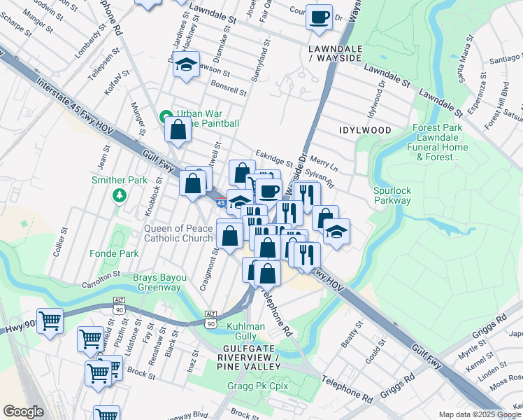 map of restaurants, bars, coffee shops, grocery stores, and more near 5819 Gulf Fwy in Houston