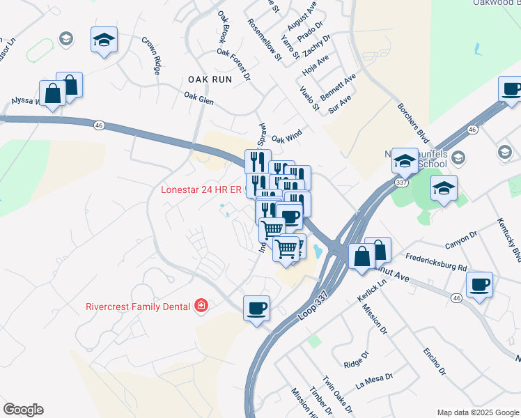 map of restaurants, bars, coffee shops, grocery stores, and more near 1776 Independence Drive in New Braunfels