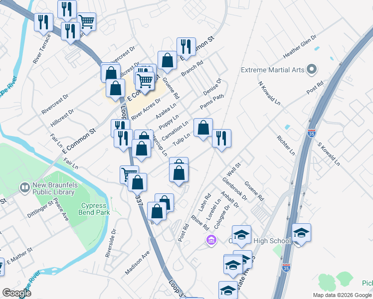 map of restaurants, bars, coffee shops, grocery stores, and more near 1328 Summerwood Drive in New Braunfels