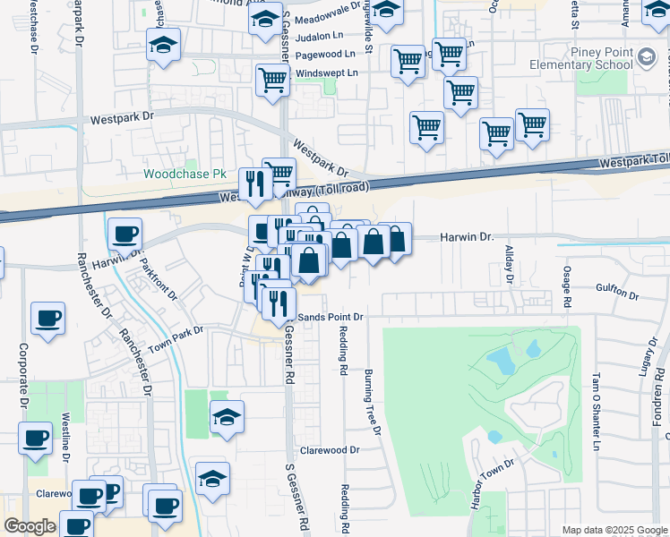 map of restaurants, bars, coffee shops, grocery stores, and more near 9951 Harwin Drive in Houston
