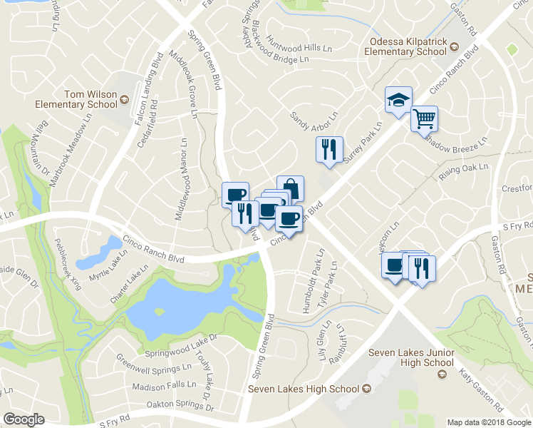 map of restaurants, bars, coffee shops, grocery stores, and more near 4918 Augusta Pointe Court in Katy
