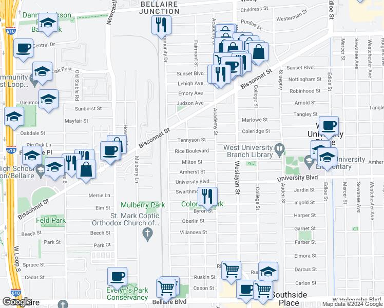 map of restaurants, bars, coffee shops, grocery stores, and more near 4145 Rice Boulevard in Houston