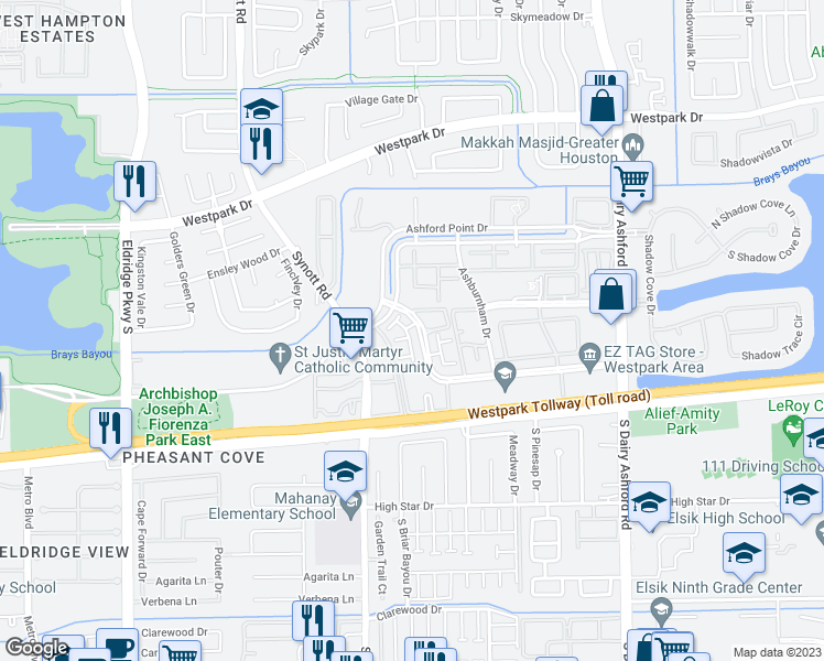 map of restaurants, bars, coffee shops, grocery stores, and more near 4011 Rose Mary Bend in Houston