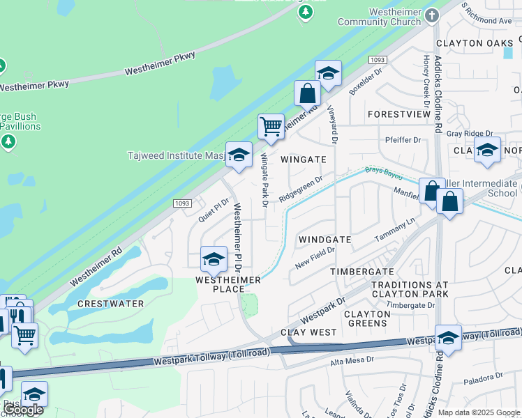 map of restaurants, bars, coffee shops, grocery stores, and more near 3806 Wingate Park Drive in Houston