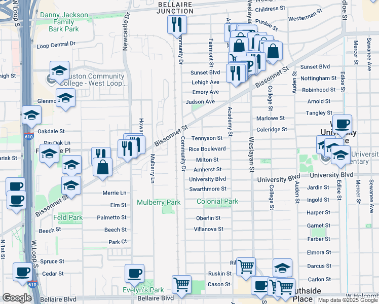 map of restaurants, bars, coffee shops, grocery stores, and more near 4227 Rice Boulevard in Houston
