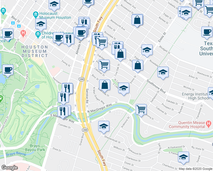 map of restaurants, bars, coffee shops, grocery stores, and more near 5519 Live Oak Street in Houston