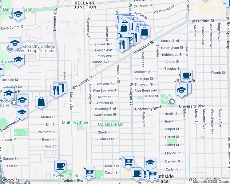 map of restaurants, bars, coffee shops, grocery stores, and more near 4111 Rice Boulevard in West University Place