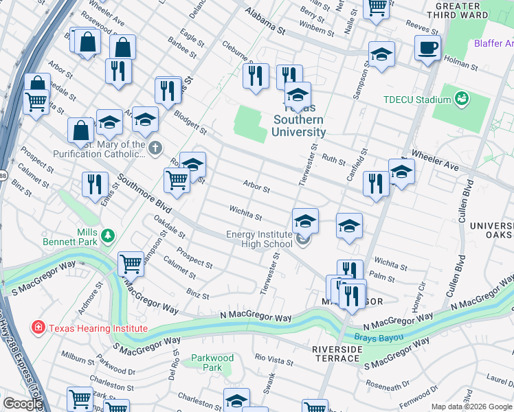 map of restaurants, bars, coffee shops, grocery stores, and more near 3349 Wichita Street in Houston