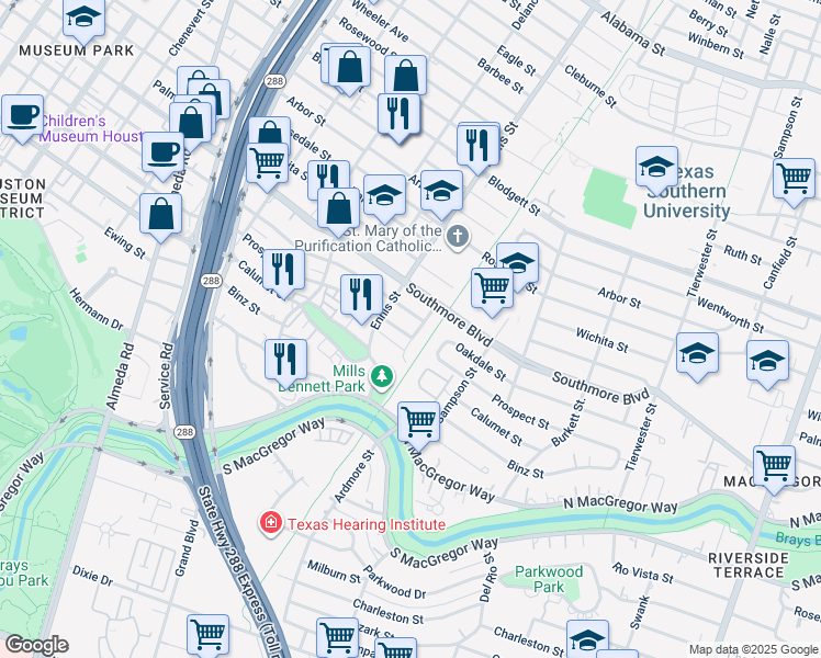 map of restaurants, bars, coffee shops, grocery stores, and more near 3033 Prospect Street in Houston