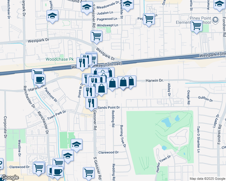 map of restaurants, bars, coffee shops, grocery stores, and more near 9951 Harwin Drive in Houston