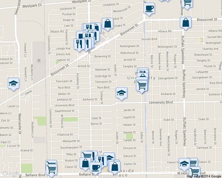 map of restaurants, bars, coffee shops, grocery stores, and more near 3807 Rice Boulevard in Houston