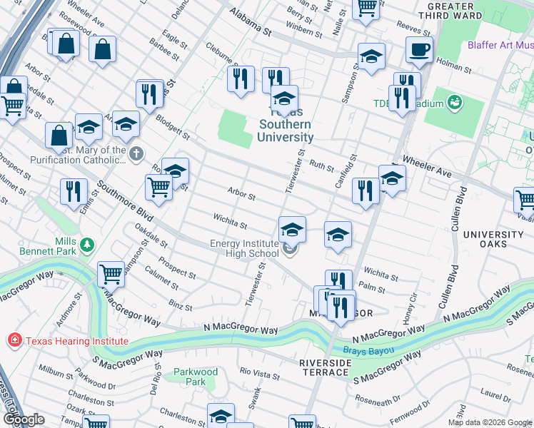 map of restaurants, bars, coffee shops, grocery stores, and more near 3426 Rosedale Street in Houston