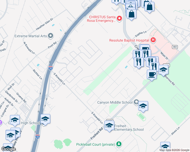 map of restaurants, bars, coffee shops, grocery stores, and more near Indian Grass Drive in New Braunfels