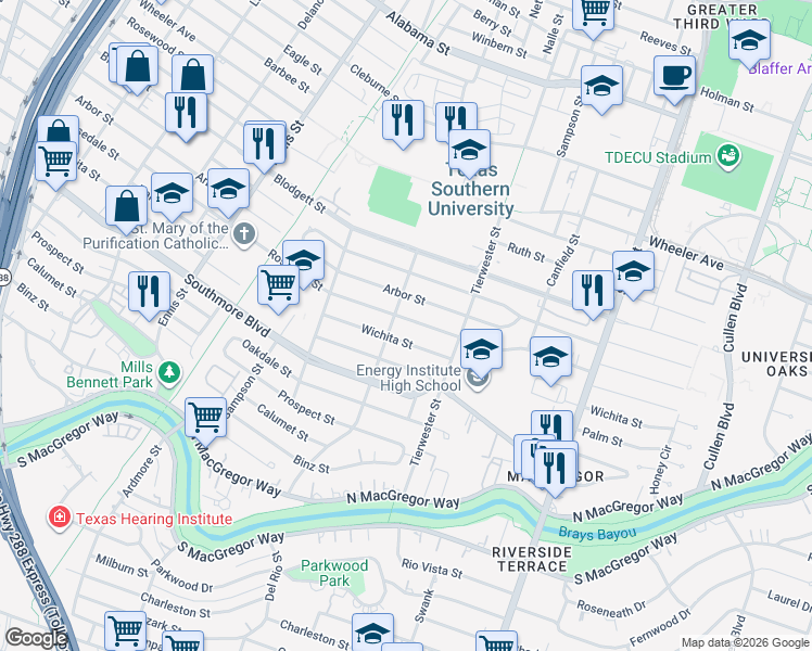 map of restaurants, bars, coffee shops, grocery stores, and more near 3349 Wichita Street in Houston