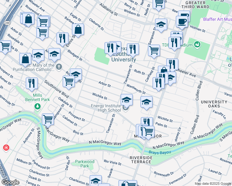 map of restaurants, bars, coffee shops, grocery stores, and more near 3426 Rosedale Street in Houston