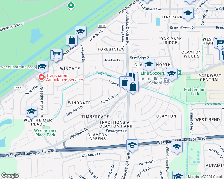 map of restaurants, bars, coffee shops, grocery stores, and more near 3714 Camphor Drive in Houston