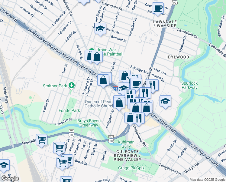 map of restaurants, bars, coffee shops, grocery stores, and more near 5725 Burwell Street in Houston