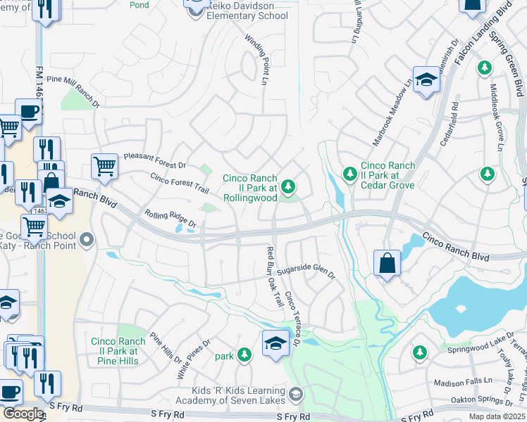 map of restaurants, bars, coffee shops, grocery stores, and more near 27227 Cinco Terrace Drive in Katy