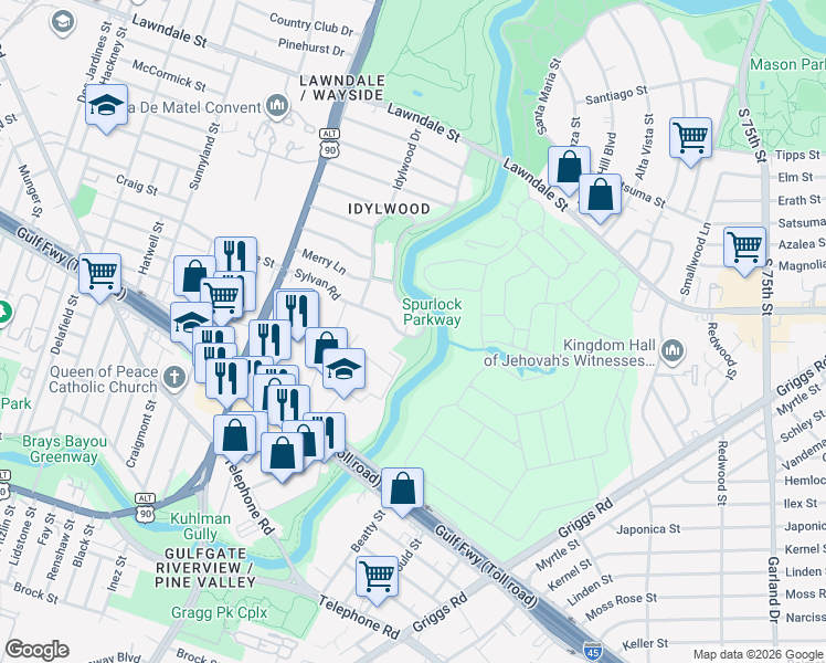 map of restaurants, bars, coffee shops, grocery stores, and more near 1954 North Macgregor Way in Houston