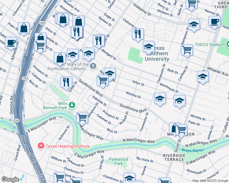 map of restaurants, bars, coffee shops, grocery stores, and more near 5123 Sauer Street in Houston