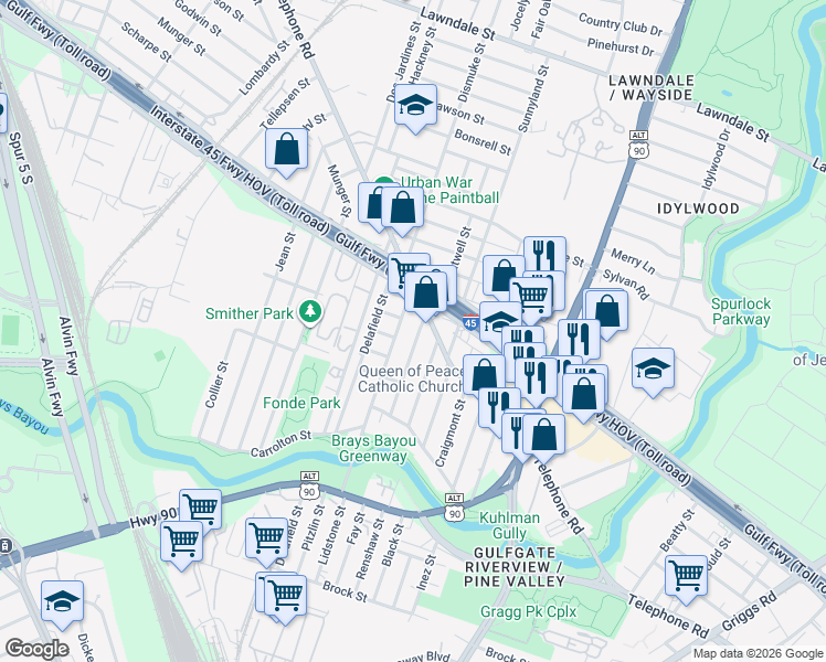 map of restaurants, bars, coffee shops, grocery stores, and more near 2324 Cumberland Street in Houston