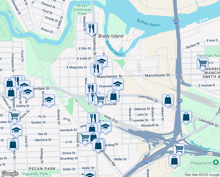 map of restaurants, bars, coffee shops, grocery stores, and more near 1001 Frio Street in Houston