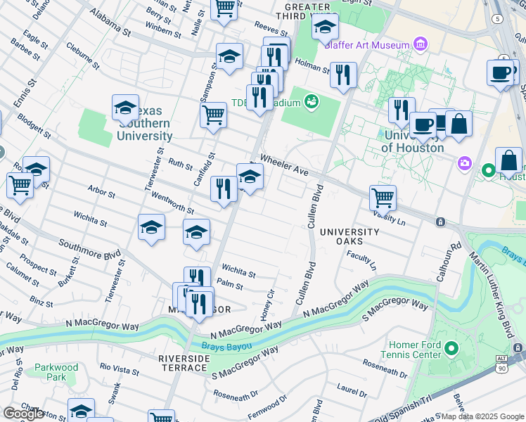 map of restaurants, bars, coffee shops, grocery stores, and more near 3833 Blodgett Street in Houston