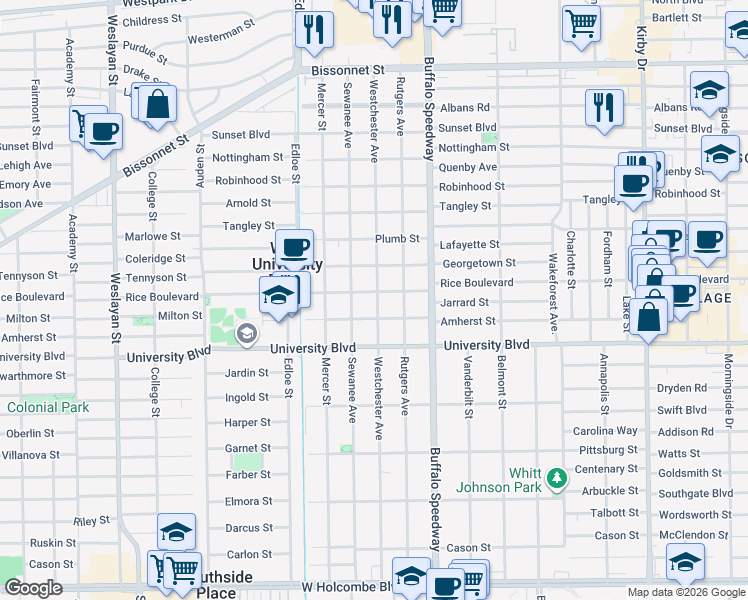 map of restaurants, bars, coffee shops, grocery stores, and more near 3401 Rice Boulevard in Houston