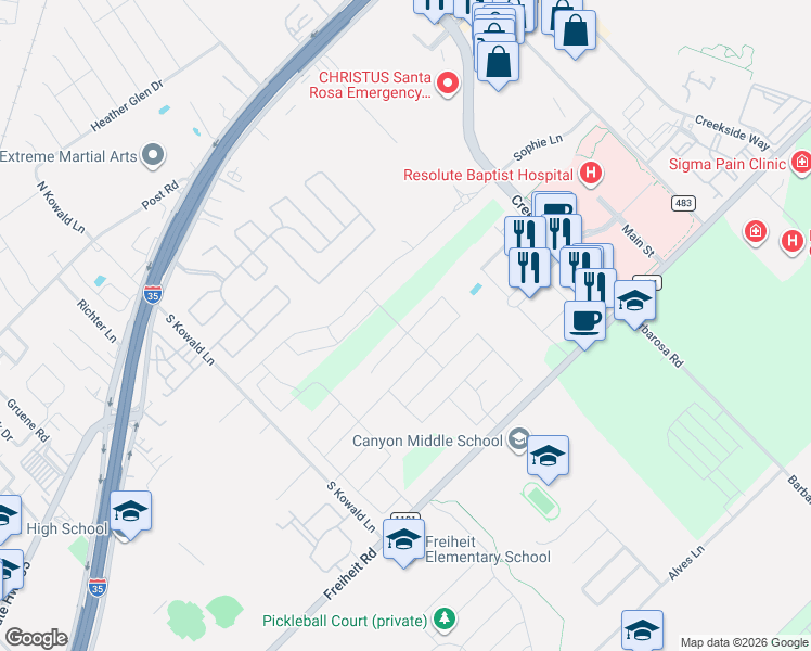 map of restaurants, bars, coffee shops, grocery stores, and more near 2051 Wind Chime Way in New Braunfels