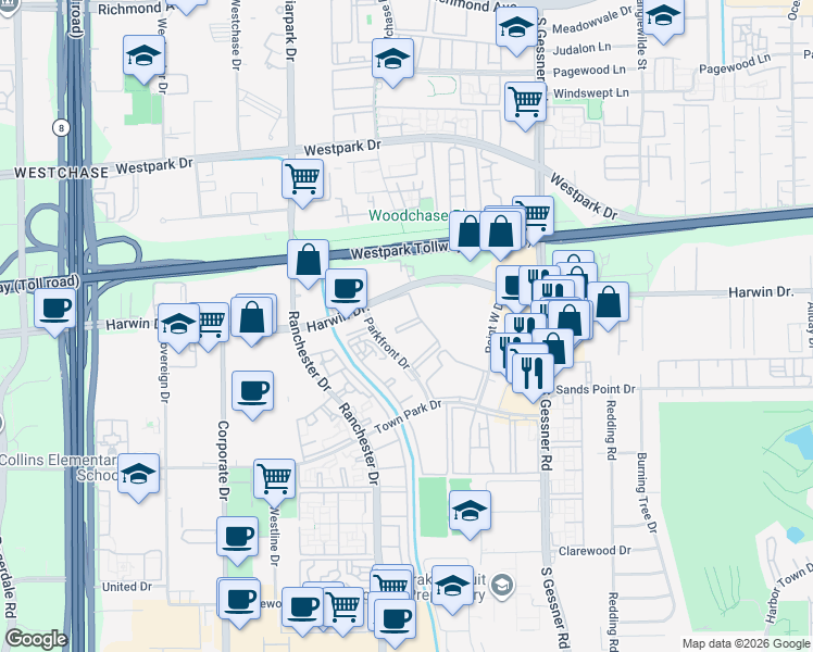 map of restaurants, bars, coffee shops, grocery stores, and more near 10201 Harwin Drive in Houston