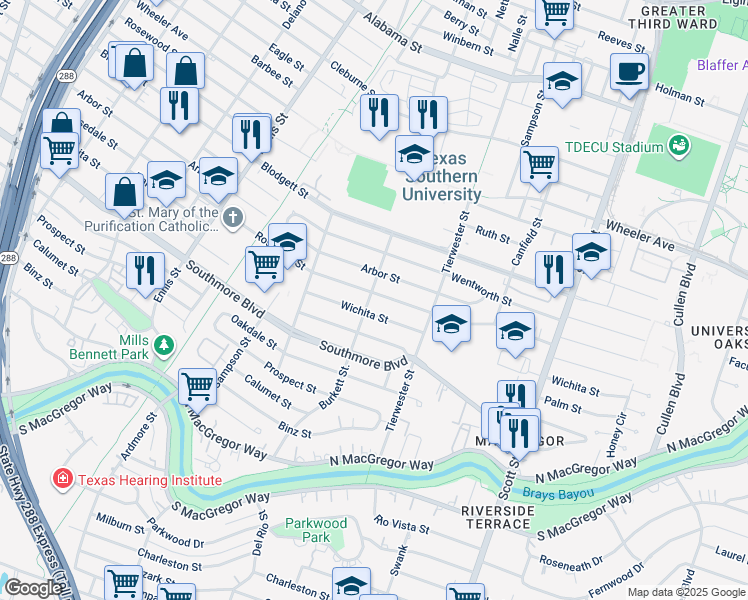map of restaurants, bars, coffee shops, grocery stores, and more near 3349 Wichita Street in Houston
